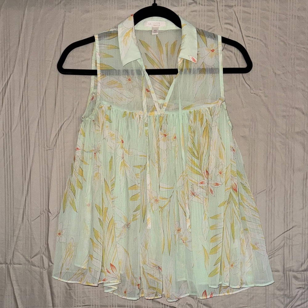 LC Lauren Conrad Sheer Blouse with Yellow Floral Design